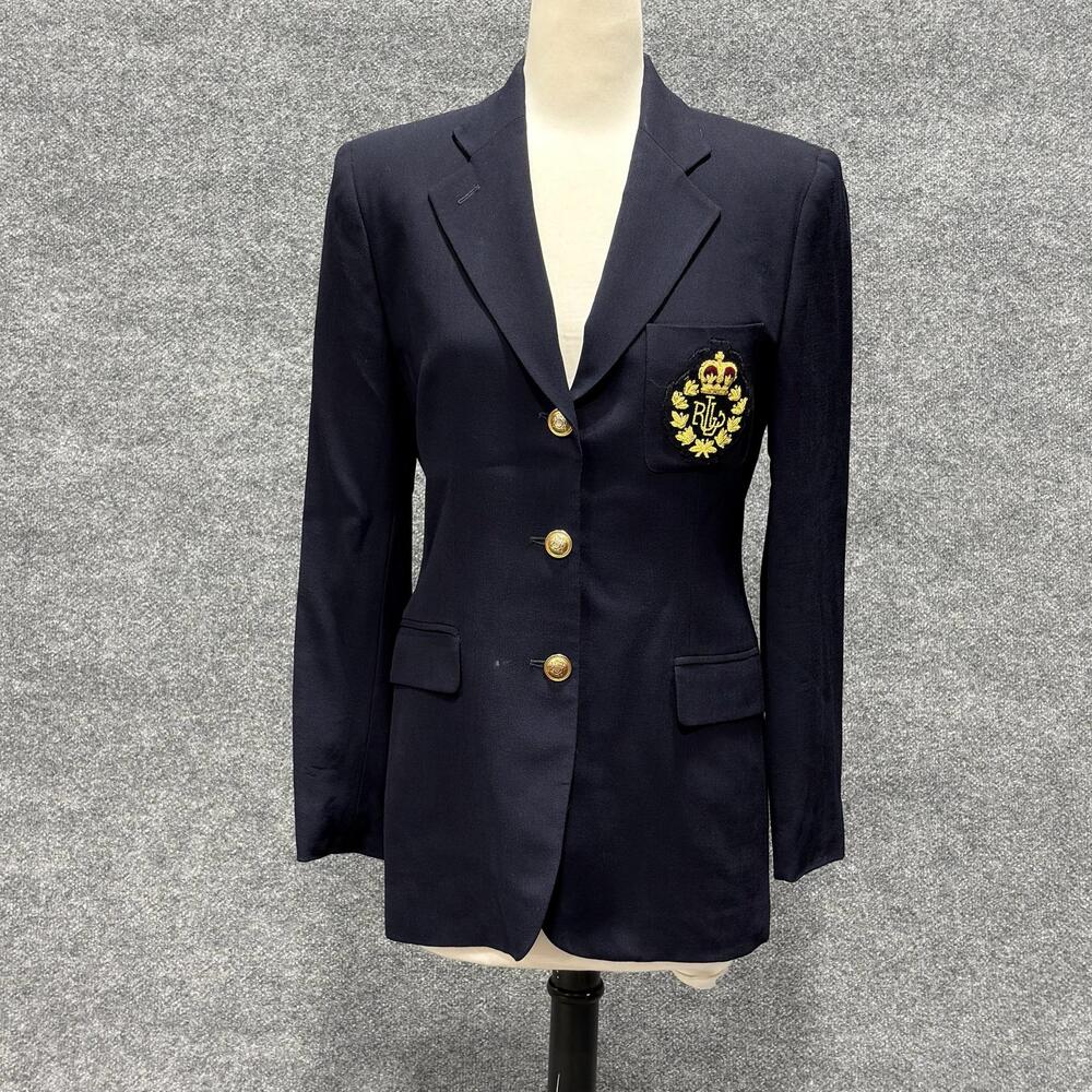 Lauren Ralph Lauren Blazer Womens 4 Blue Wool Crest Gold Button Jacket USA